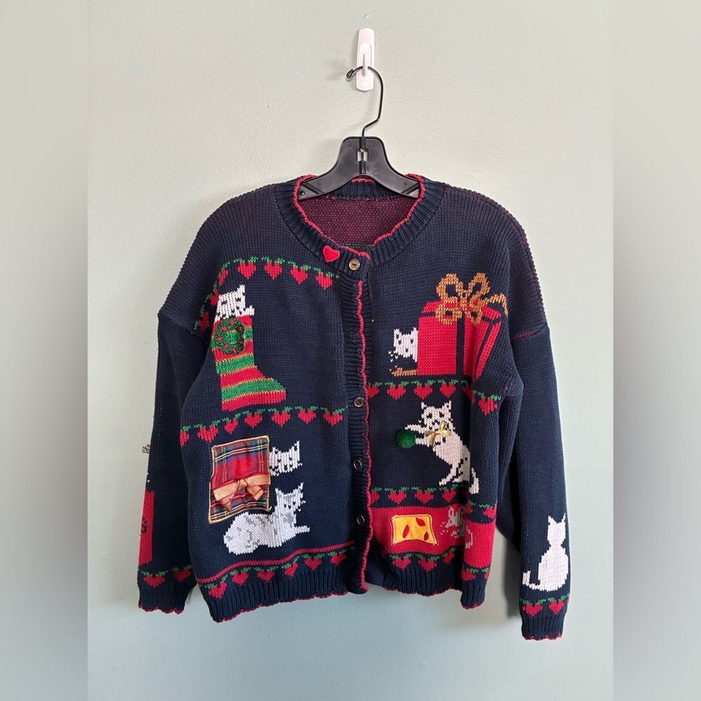 VTG the Loft Festive Holiday Christmas Cat Cropped Sweater Cardigan Sz M